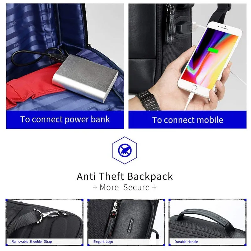 BOPAI Anti-Theft Laptop Backpack - Waterproof, USB Charging | 20-35 Litre | Black