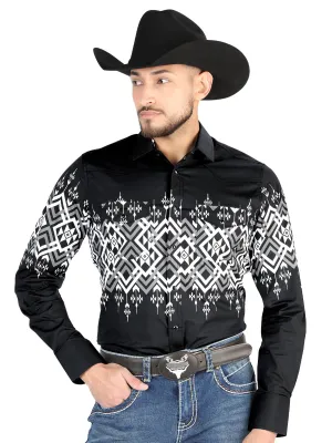 Camisa Vaquera Manga Larga Estampada Negro para Hombre 'El Señor de los Cielos' - ID: 44451