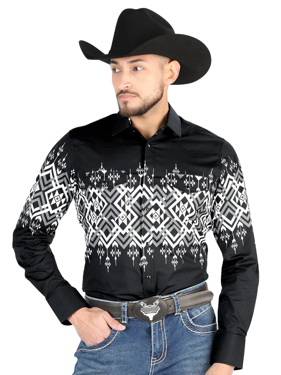 Camisa Vaquera Manga Larga Estampada Negro para Hombre 'El Señor de los Cielos' - ID: 44451