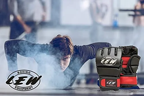 LEW Red/Black Fight/MMA/Muay Thai Thumb Protection Grappling Gloves (Black/Red, Small/Medium)