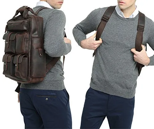Polare Mens Handcrafted Real Leather Vintage Laptop Backpack Shoulder Bag Travel Bag Large