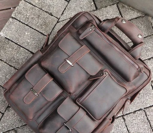 Polare Mens Handcrafted Real Leather Vintage Laptop Backpack Shoulder Bag Travel Bag Large