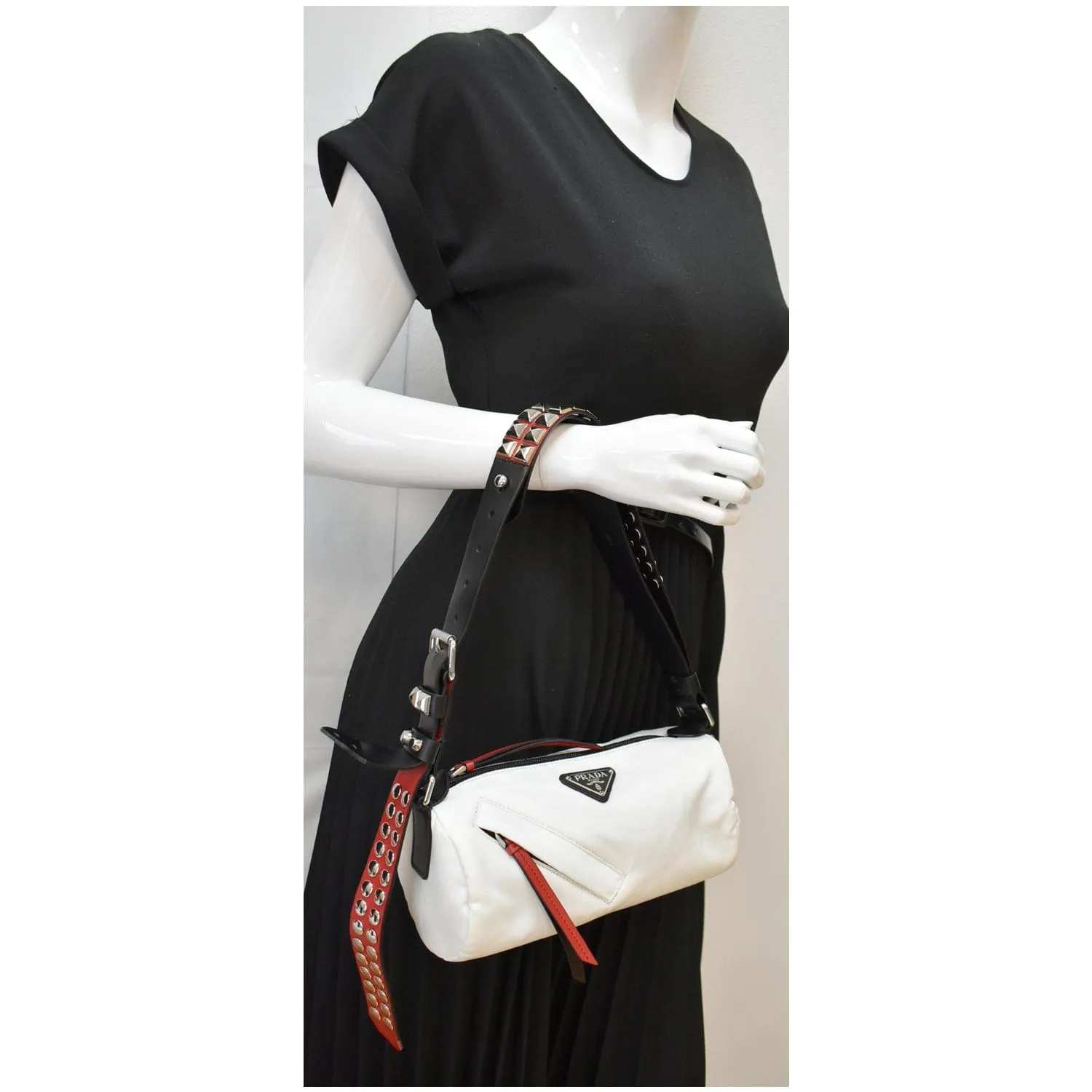 PRADA New Vela Cylindrical Nylon Shoulder Bag White