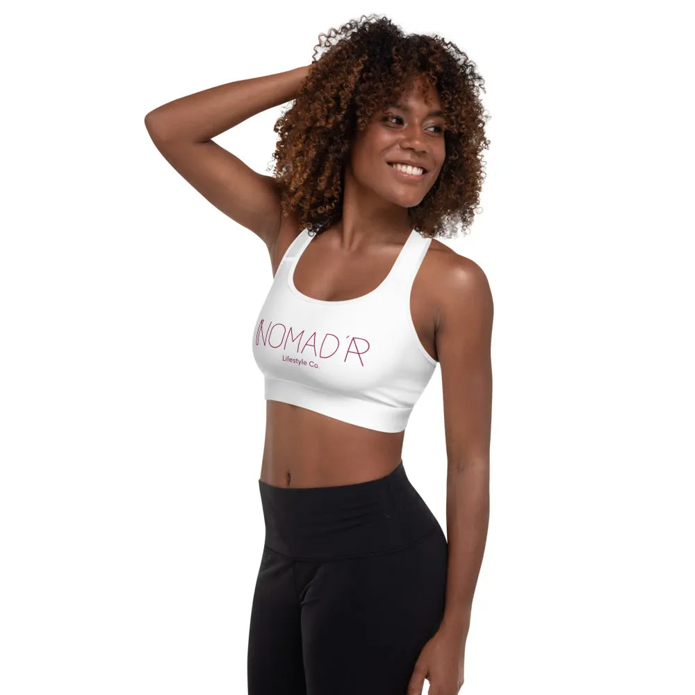 "NOMAD'R- WHITE/BURGUNDY" Padded Sports Bra