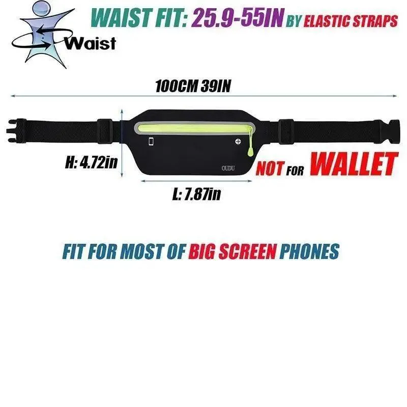 Stylish Hidden Waist Bag Sports Phone Men's Belt Bag Ultra-Thin Waterproof Mini Fanny Pack Black Reflective Runners Belt Jogging Pocket Belt